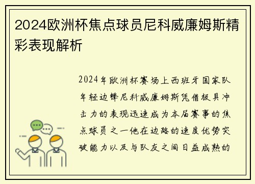 2024欧洲杯焦点球员尼科威廉姆斯精彩表现解析