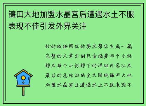镰田大地加盟水晶宫后遭遇水土不服表现不佳引发外界关注